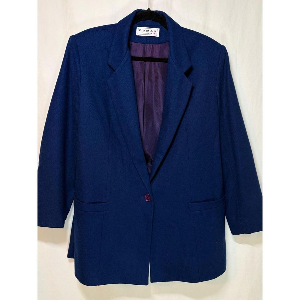 Vintage 80's Dumas Navy Wool
Power Blazer with Shoulder Pads made in the USA